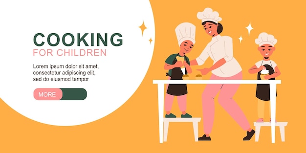 Cooking for children with professional chef teaching little kids to decorate cakes – Vector Illustration