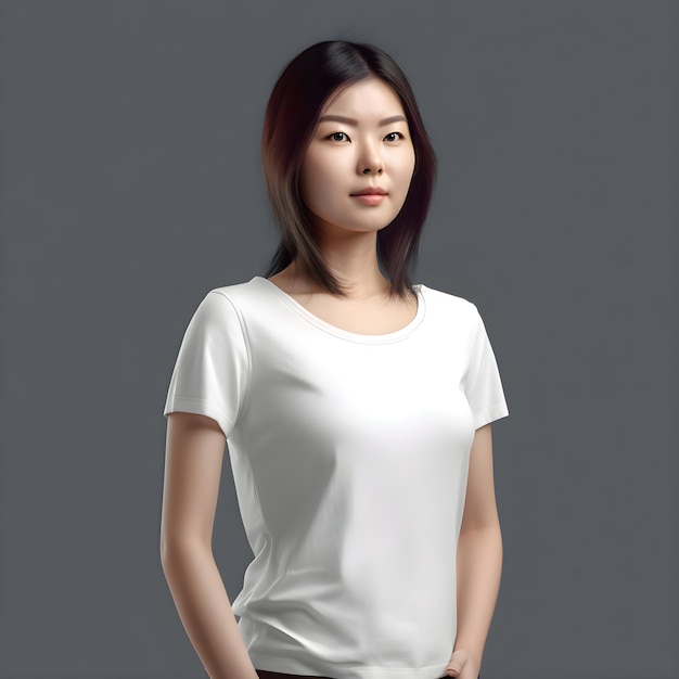 Portrait of asian woman in white t shirt on grey background