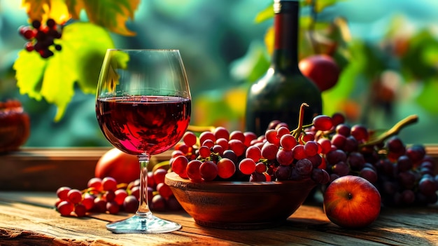 Postcard invitation to the young wine festival with a glass of wine on an old wooden table next to a bunch of grapes