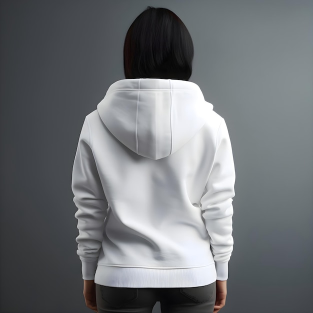 Rear View of a Girl in a White Hoodie on a Gray Background