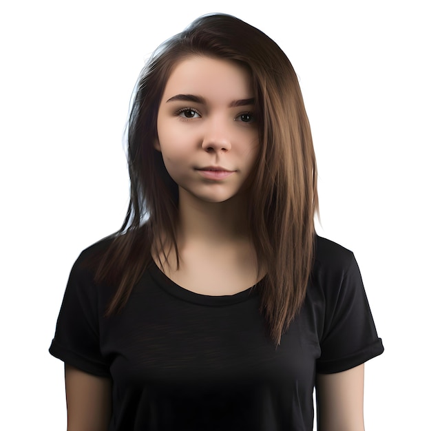 Portrait of a young girl in a black t shirt on a white background