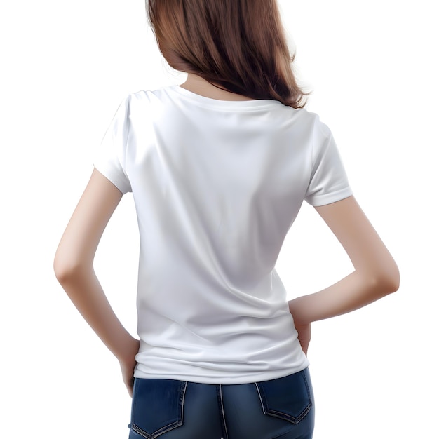 Back View of Woman in Blank White T-shirt Isolated on White Background