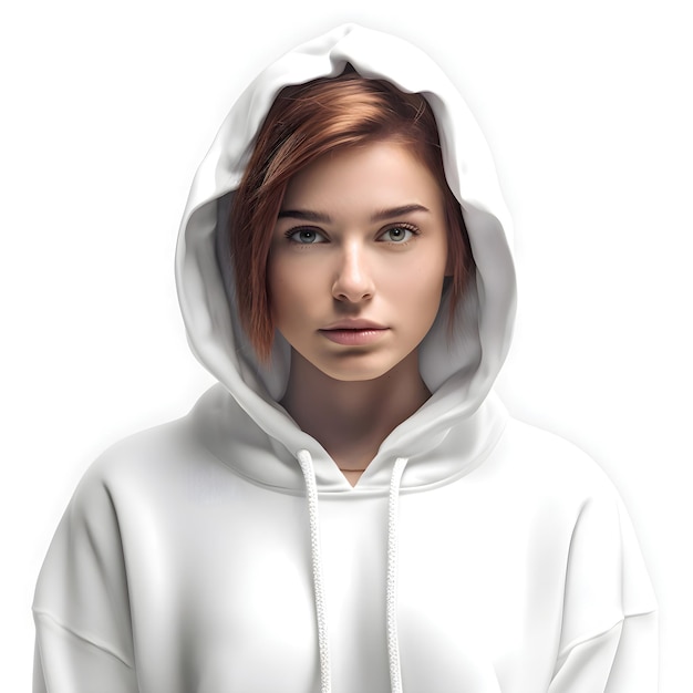 Portrait of a beautiful young woman in a white hoodie