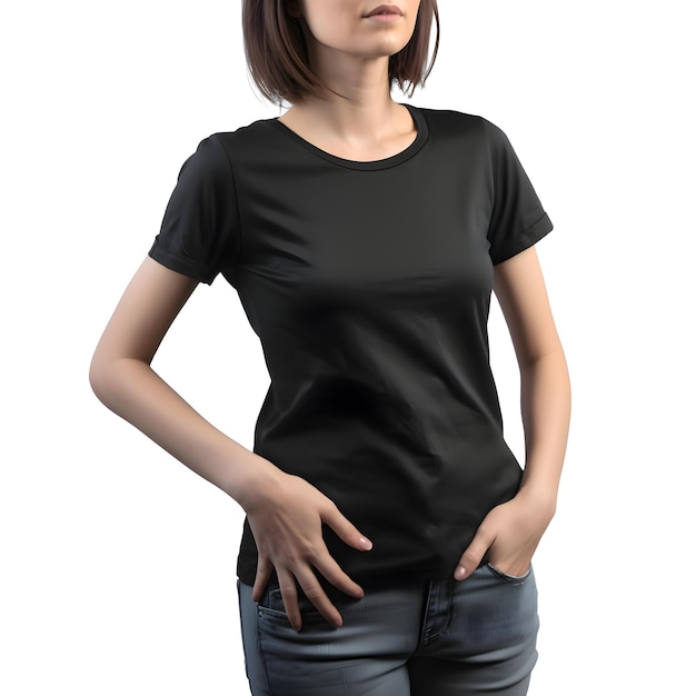 Black T-Shirt PSD Template: Women’s Apparel on White Background