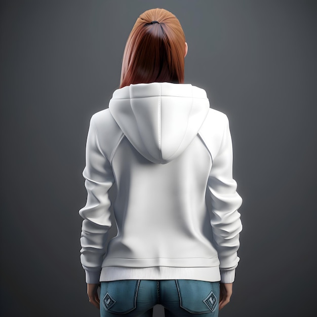 Back View Mockup of Woman in White Hoodie on Grey Background