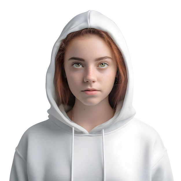 Portrait of a girl in a white hoodie on a white background