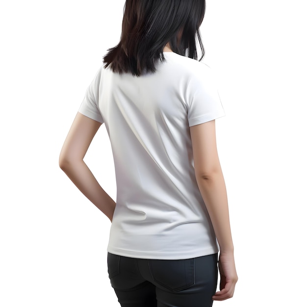 Woman in blank white t shirt back side isolated on white background