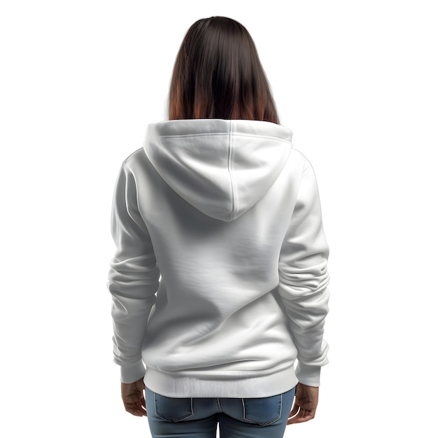 Young woman in white hoodie on a white background back view