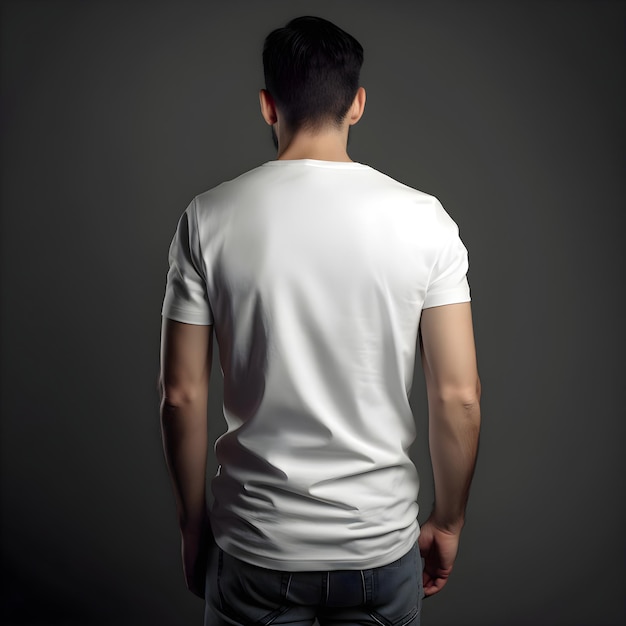 Back view of man in blank white t-shirt on grey background