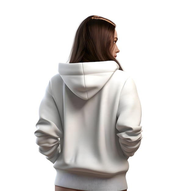 Woman in white hoodie on a white background back view