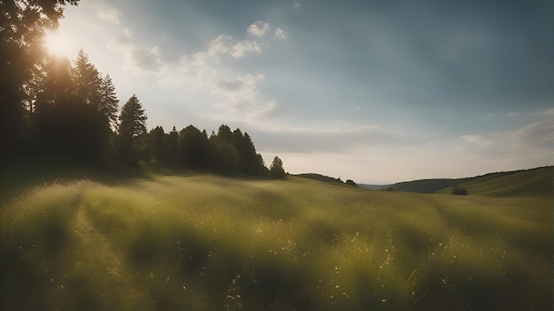 Panoramic View of Green Meadow in Mountains at Sunset – Free Stock Photo for Download