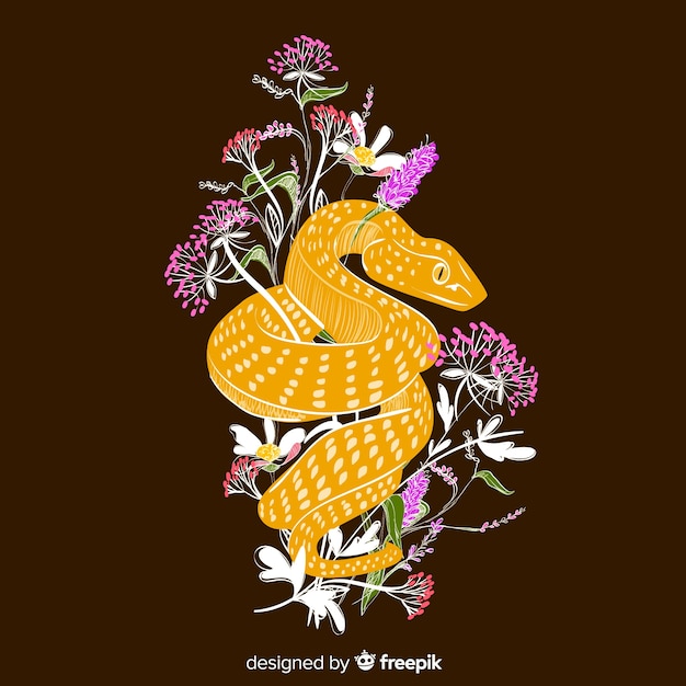 Dark Hand Drawn Snake with Flowers Background