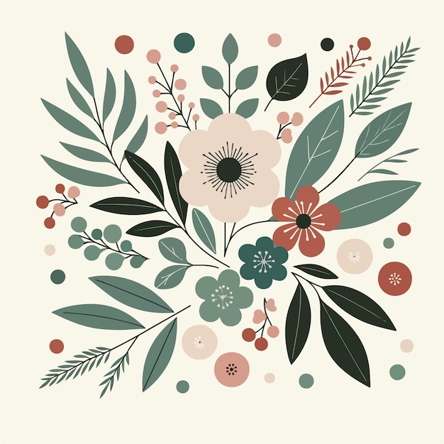 Minimalist VectorStyle Image Featuring a Composition of Flowers and Leaves