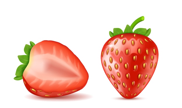 Realistic red ripe strawberries, whole and half isolated on background