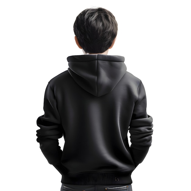 Back view of young man in black hoodie isolated on white background