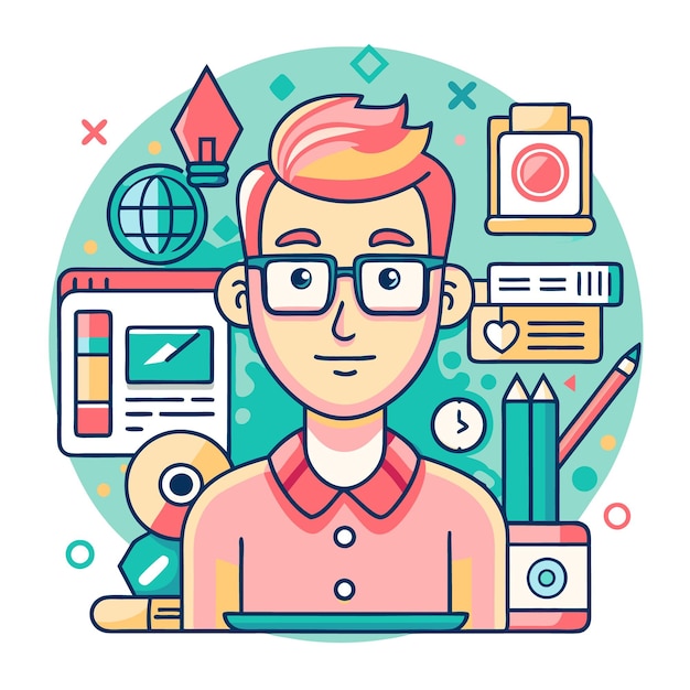 Designer with Glasses Surrounded by Creative Icons – Free Stock Photo for Download