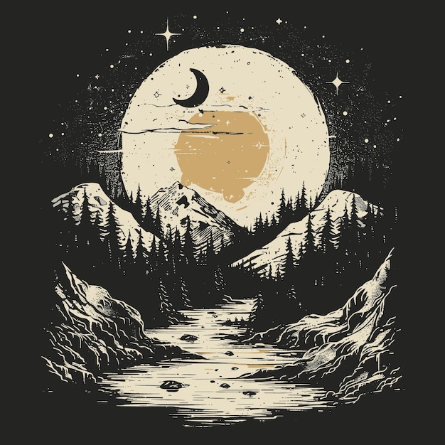 Vintage Hand Drawn Mountain Landscape with River and Moon Vector Illustration