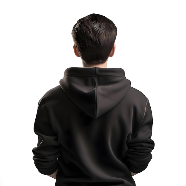 Young man in black hoodie on white background back view