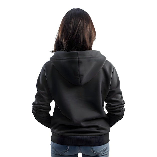 Back view of a woman in a black hoodie isolated on white background