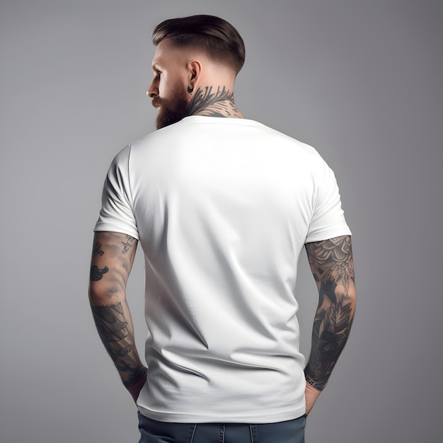 Tattooed Man in White T-Shirt on Grey Background Free Stock Photo