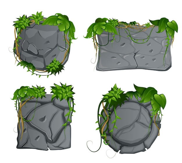 Grey Stone Decorative Garden Elements with Tropical Rainforest Liana Leaves Cartoon Signs Set