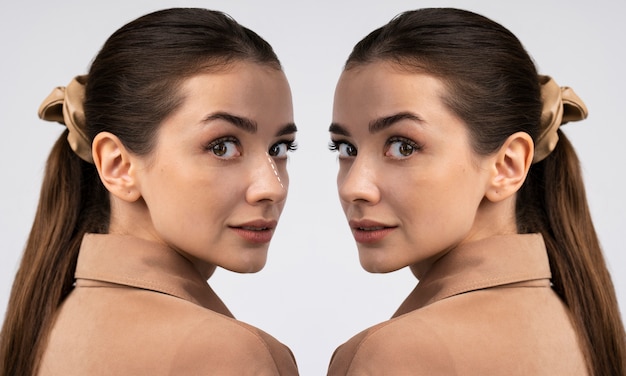 Side view woman before and after nose surgery