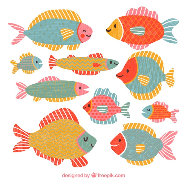 Colorful Fishes Collection in Hand Drawn Style