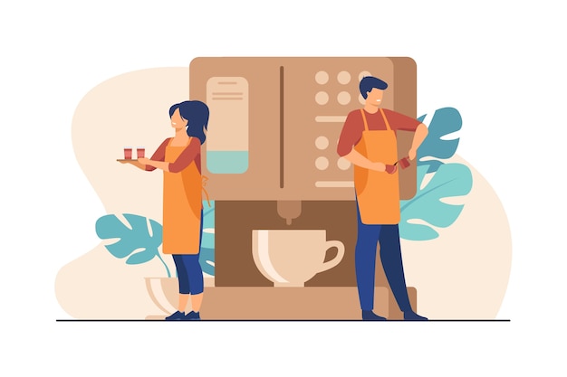 Happy Tiny Barista Making Coffee at Huge Machine. Waitress Holding Tray with paper cups Flat Illustration