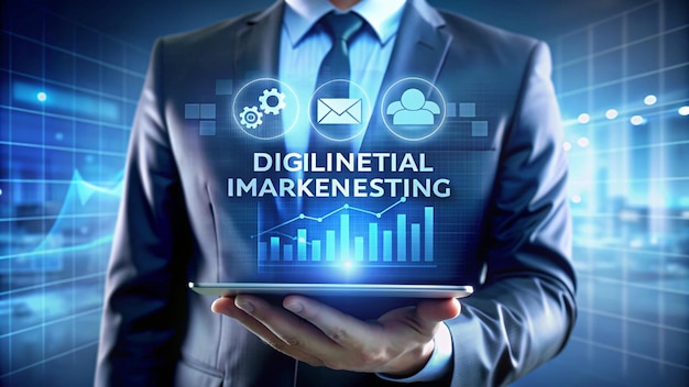 Businessman Holding Digital Tablet with Digital Marketing Graph