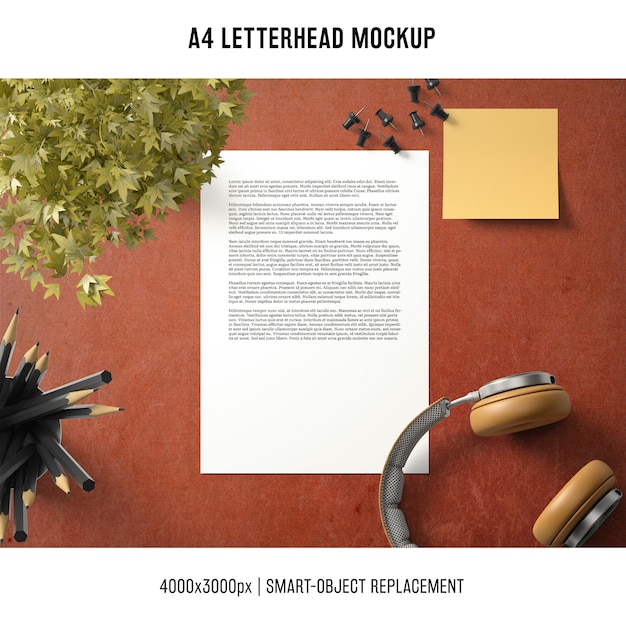 A4 Letterhead Mockup with Headphones and Plant