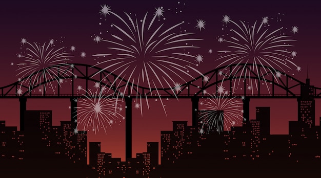 Cityscape with Celebration Fireworks Scene