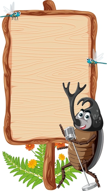 Blank Wooden Signboard with Beetle Cartoon