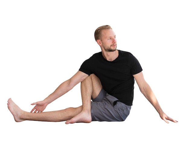 Man in yoga position isolated