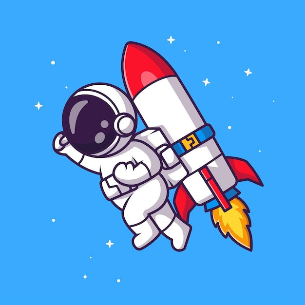 Cute Astronaut Flying with Rocket in Space Cartoon Vector Icon Illustration