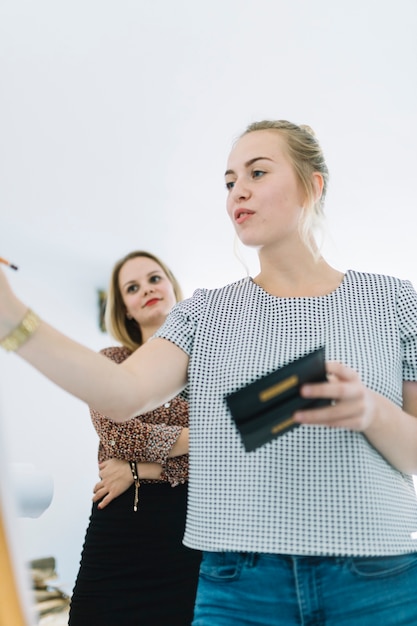 Businesswoman Looking at Her Colleague Writing on Board