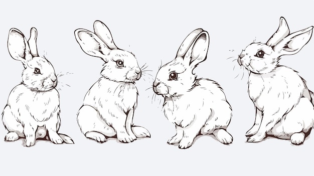 Set of Cute Fluffy Rabbits and Hares Illustrations