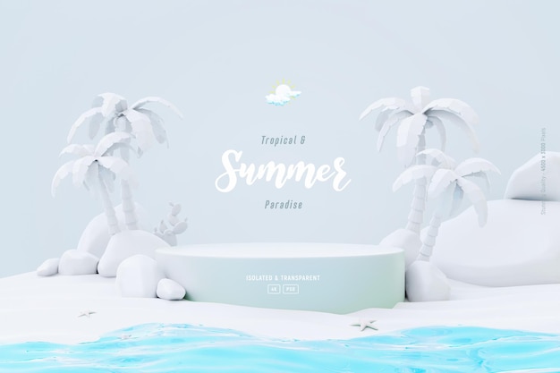 Summer Background Template with Podium Stage, Palm Trees, and Beach Objects – Free Download