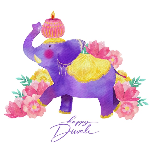 Purple Elephant Watercolor Design Diwali Vector Templates