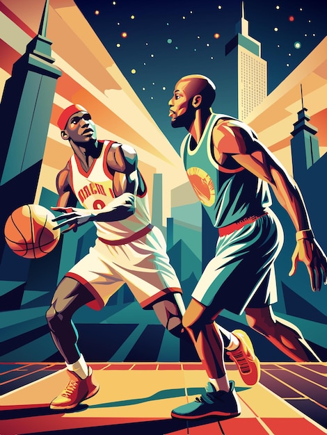 Poster of Two Basketball Players with “Basketball” Word – Free Download