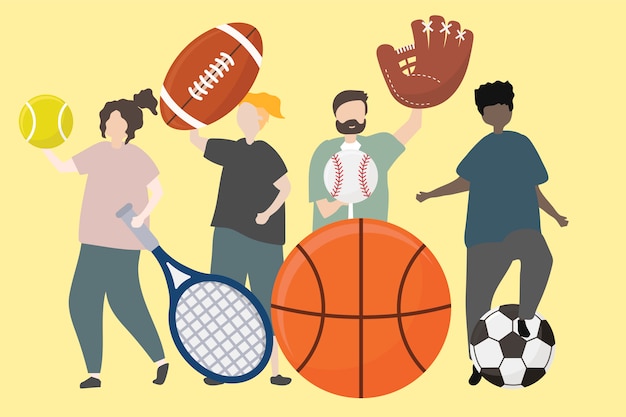 Group of People with Sport Equipment Vector Template