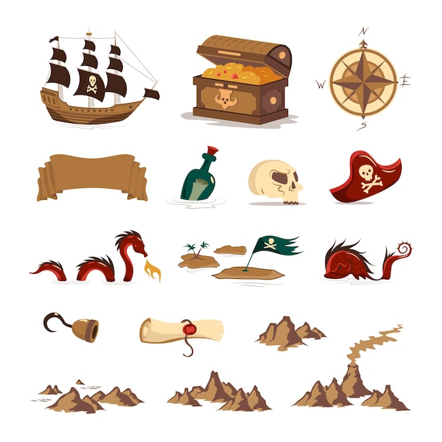 Vector Template: Pirate Treasure Set with Compass, Hand Hook, Wooden Chest, Floating Bottle, Skull Sailboat with Black Sail – Isolated Vector Illustration