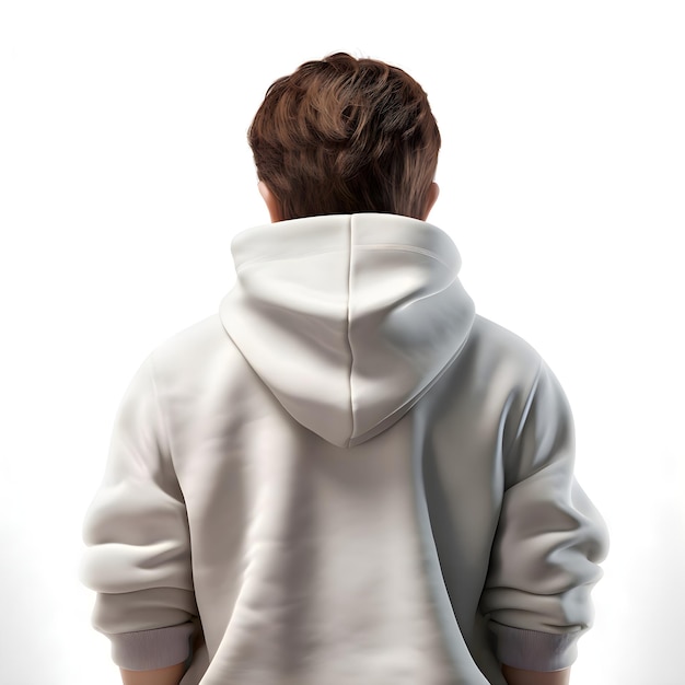 Back view of a young man with white hoodie on white background