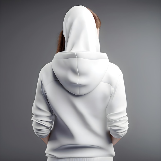 Back view of a woman in a white hoodie on a gray background