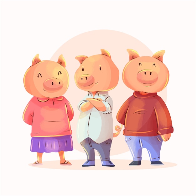 Vector Templates – Watercolor Three Little Pigs Illustration