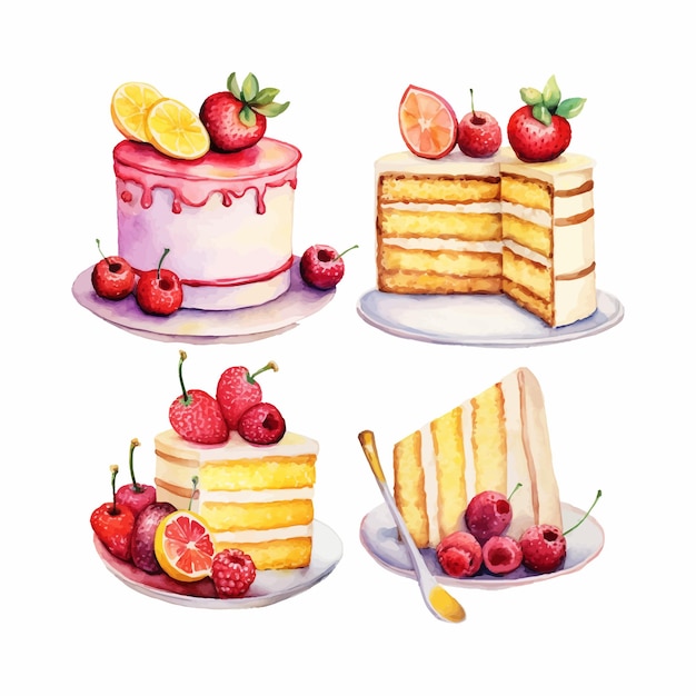 A watercolor clipart set of cakes and cake slices lemon strawberry and cherry for free download