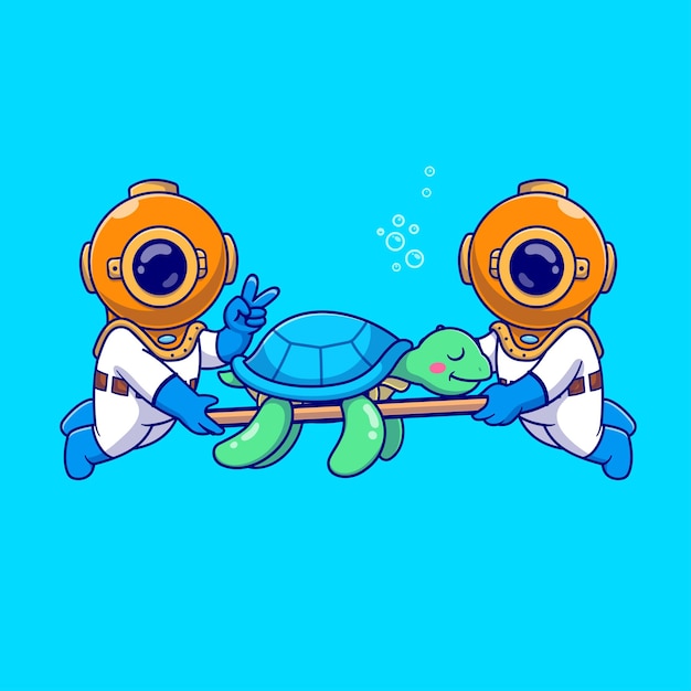 Cute Diver Carrying Turtle With Emergency Stretcher Cartoon Vector Icon Illustration