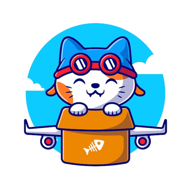 Cute Cat Flight With Cardboard Plane Cartoon Vector Icon Illustration