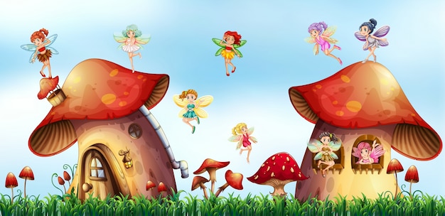 Vector Templates: Magical Scene with Fairies Flying Around Mushroom Houses