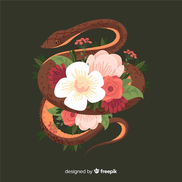 Hand drawn snake surrounded by flowers