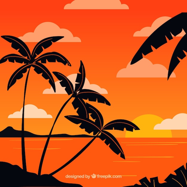 Flat sunset background with palm trees